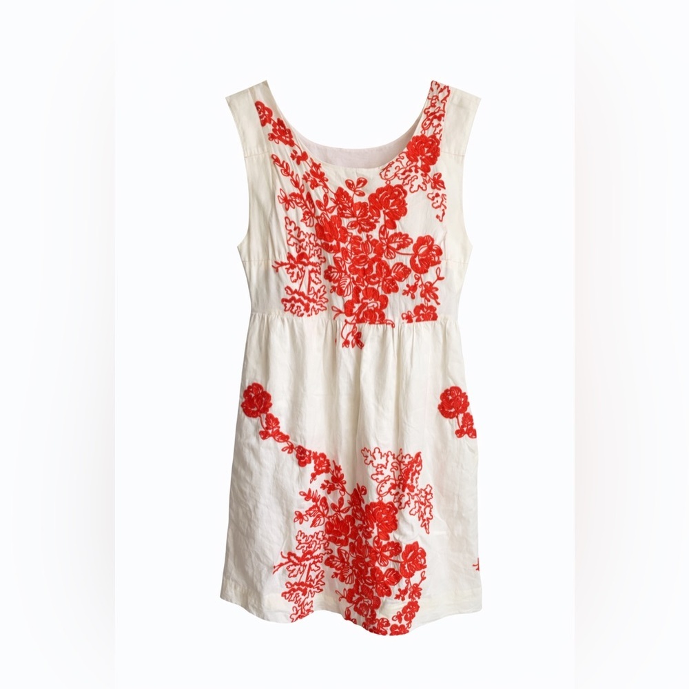 J.Crew White Dress Red Floral Embroidery Sleeveless Size 8